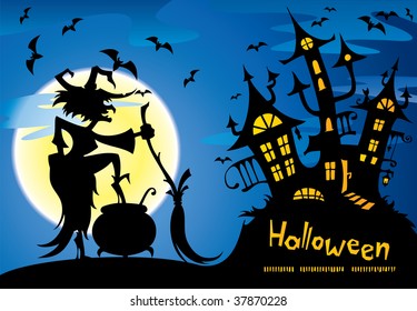 Halloween background with evil witch and dark castle