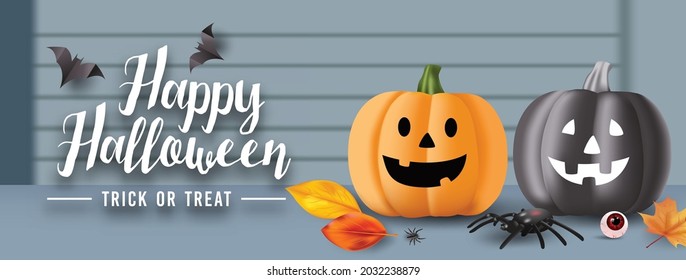 Halloween background with eyeballs, spiders, bats and pumpkins at front door. Vector