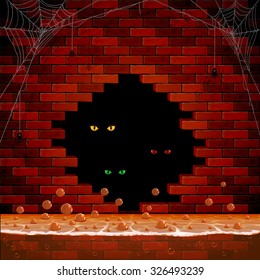 Halloween background, eyes in the hole of the brick wall in sewerage, illustration.