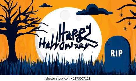 Halloween background with falling Spiders and shiny graveyard
