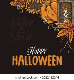 Halloween background for fear skeleton party. Dark gothic design with pampkin, spooky zombie hand and candle for holiday happy halloween