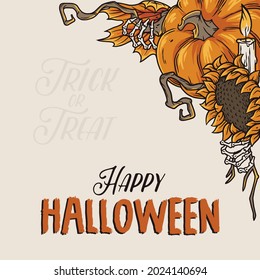 Halloween background for fear skeleton party. Dark gothic design with pampkin, spooky zombie hand and candle for holiday happy halloween