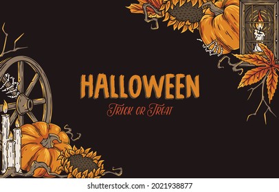 Antecedentes de Halloween para la fiesta de los zombis del miedo. Diseño gótico oscuro con pampkin, espeluznante mano de esqueleto y vela para la fiesta feliz halloween