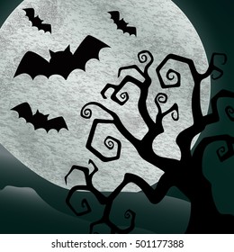 A Halloween background featuring bats and a full moon. Halloween background, flying bat. Halloween bat to moon poster. Illustration.