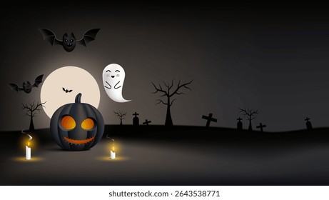 Halloween background featuring bats, ghost, pumpkins, and candles. Ideal for spookythemed projects, greeting cards, invitations, or festive decorations.