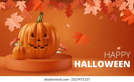 A Halloween background featuring an orange pumpkin on a podium or stage, perfect for October celebrations. Autumn leaves, creating a spooky yet cute atmosphere. Ideal for banners, posters. Not AI.