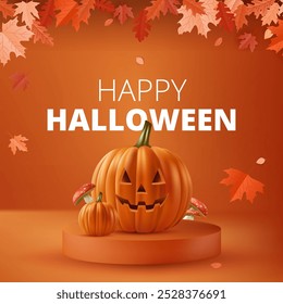 A Halloween background featuring an orange pumpkin on a podium or stage, perfect for October celebrations. Autumn leaves, creating a spooky yet cute atmosphere. Ideal for banners, posters. Not AI.