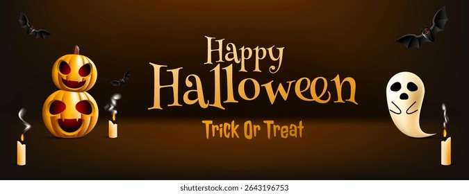 Halloween Background featuring pumpkins, bats, ghost, and candles; ideal for seasonal promotions, social media posts, and festive design projects.
