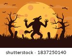 Halloween background featuring a werewolf at night on a full moon. Illustration of a werewolf under a creepy full moon.
