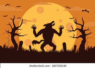 Halloween background featuring a werewolf at night on a full moon. Illustration of a werewolf under a creepy full moon.