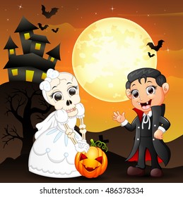 Halloween background with female skull bride holding pumpkin and little boy dracula .Vector illustration