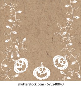  Halloween background with festive lights garlands  and pumpkins. Vector illustration with place for text on kraft paper. Can be greeting card, invitation or design element.