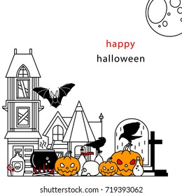 Halloween background with festive pumpkins, old house, crows, bat, drinks, bottles, cauldron and moon on a white background. Set of vector linear isolated icons.