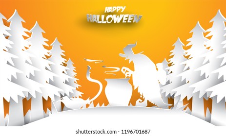 Halloween background with fir and witch paper art carving style. banner, poster, Flyer or invitation template party. Vector illustration.