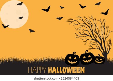 Halloween background in flat design Scary with pumpkins and bats landscape illustration 