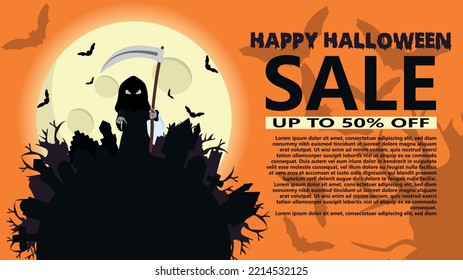 Halloween background flat design vector. Bone Death character. Symbol crossbones against the background of the moon