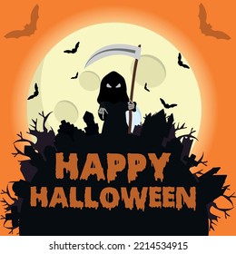 Halloween background flat design vector. Bone Death character. Symbol crossbones against the background of the moon. Orange square