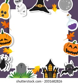 Fondo de Halloween con iconos planos y marco cuadrado , para contenido en línea o banner para tu sitio web y plantilla, estilo plano de caricatura simple , ilustración Vector EPS 10
