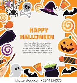 Halloween Background with Flat Icons and Square Frame Vector Illustration