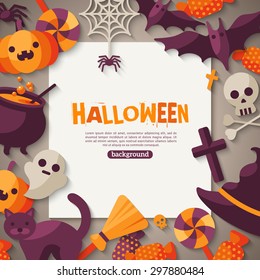 Halloween Background with Flat Icons and Square Frame. Vector Illustration. Trick or Treat Concept. 