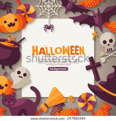 Halloween Background with Flat Icons and Square Frame. Vector Illustration. Trick or Treat Concept. 