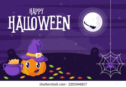 Halloween background in flat style illustration design with cute pumpkin, ghost, and candy elements