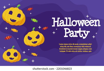 Halloween background in flat style illustration design with cute pumpkin, ghost, and candy elements
