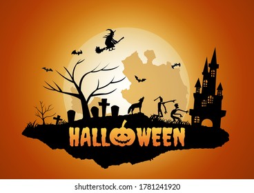 Halloween background with floating island of graveyard and ghost,vector illustration