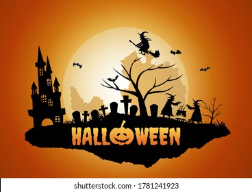 Halloween background with floating island of graveyard and ghost,vector illustration