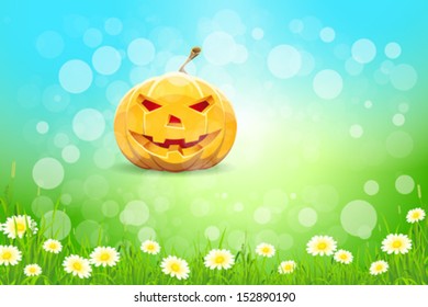 Halloween Background with Flowers and Pumpkin