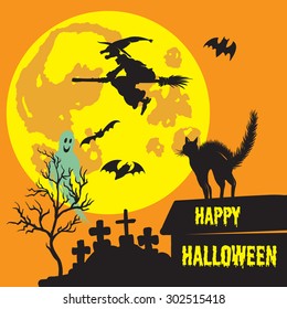 Halloween background with fly witch, ghost, frightened cat, full moon, cemetery, bats.