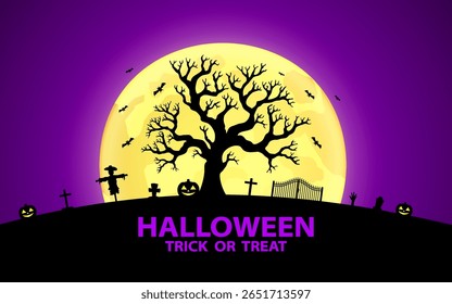 Halloween background flyer poster design with pumpkin, ghost, flying bat, at night during full moon. vector illustration.