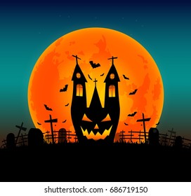 Halloween background with flying bat on  and the full moon. Vector illustration. Happy Halloween Poster.