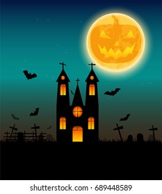 Halloween background with flying bat on  and the full moon. Vector illustration. Happy Halloween Poster.