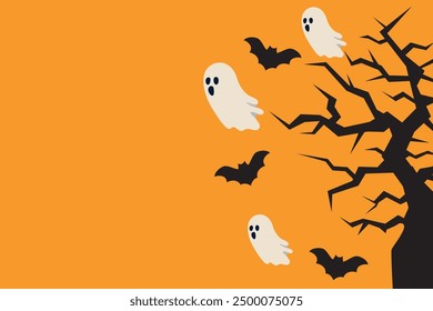 Halloween background with flying bats and featuring ghosts with copy space on orange background. Design template for party invitation, decoration, greeting cards, and festive event promotions. 