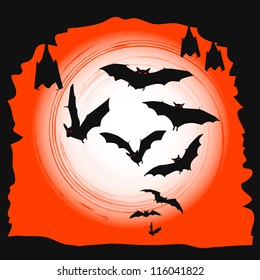 Halloween background - flying bats in full moon