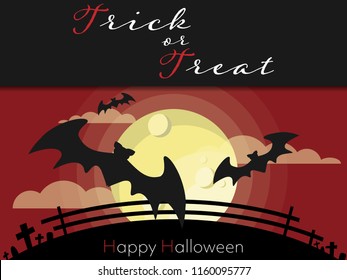 Halloween background of flying bats in graveyard on full moon sky with clouds, Trick or Treat text and Happy Halloween text. Vector illustration.