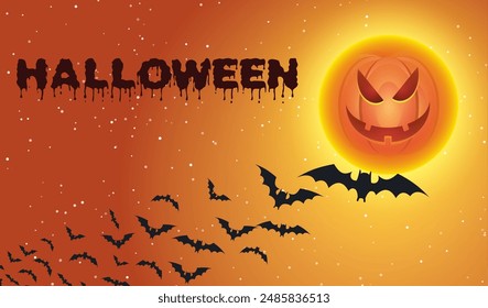 Halloween background with flying bats over full pumpkin moon. Vector illustration