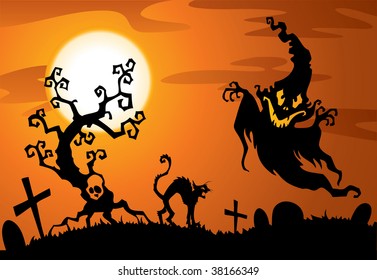 Halloween background. Flying funny ghost.