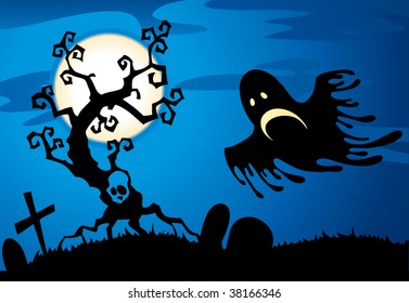 Halloween background. Flying ghost.