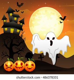 Halloween background with flying ghost and pumpkins character.Vector illustration
