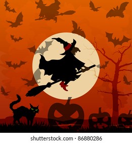Halloween background with flying witch