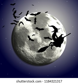 Halloween background with flying witch against a moonlit sky