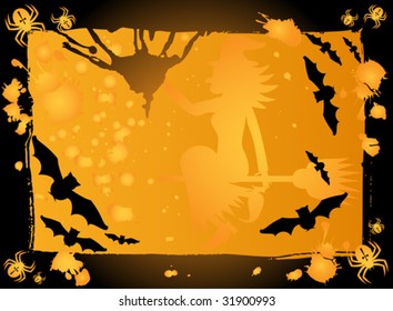 Halloween background with flying witch, bats and spiders, gradient used