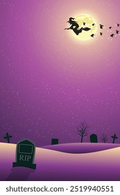 Halloween background with flying witch, graveyard, bats and full moon.