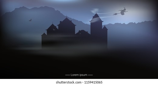 Halloween background with a flying witch. Landscape with mountains and silhouette of the castle. Vector illustration