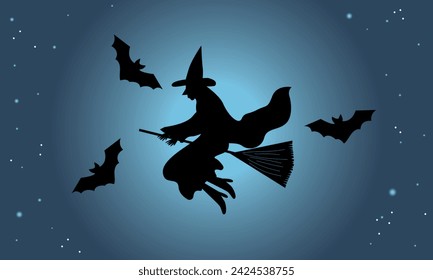 Halloween background with flying witch on the full moon. Vector illustration