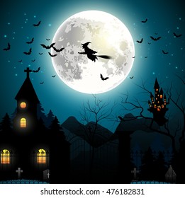 Halloween background with flying witch on the full moon. Vector illustration 