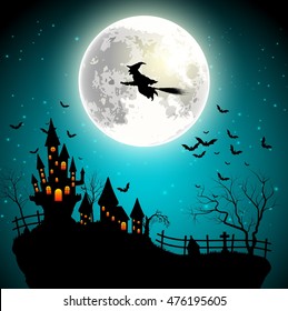 Halloween background with flying witch on the full moon. Vector illustration 