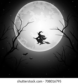 Halloween background with flying witch on the full moon